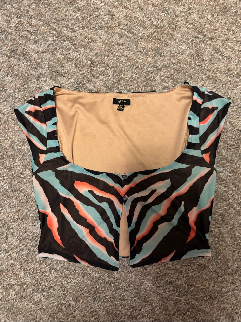 AFRM Black Zebra-Print Crop Top with Aqua and Coral Stripes